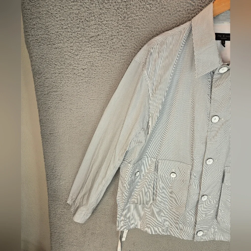 Rage & Bone Cade Mens Poplin Lightweight Jacket Sz L Light Blue & White Stripes